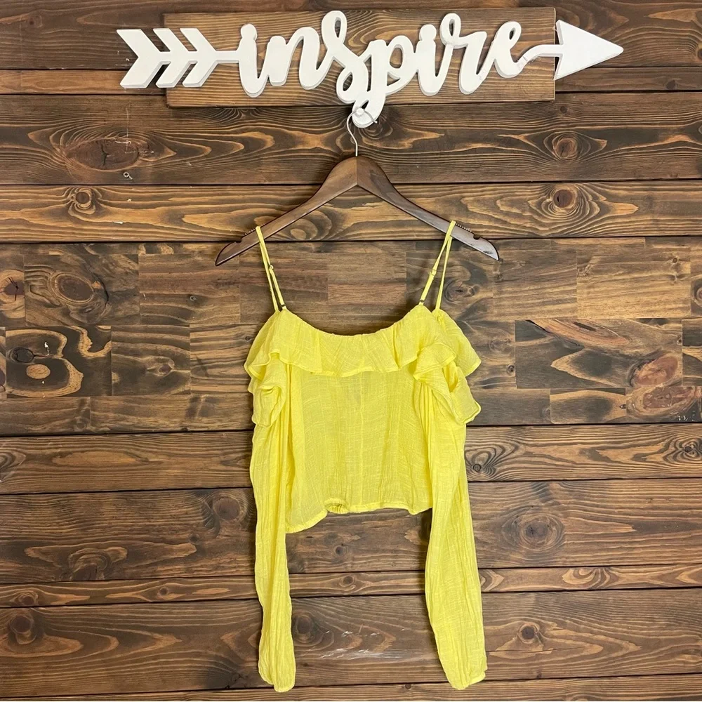Forever 21‎ | Cold Shoulder Ruffle Keyhole Peasant Cropped Blouse Yellow